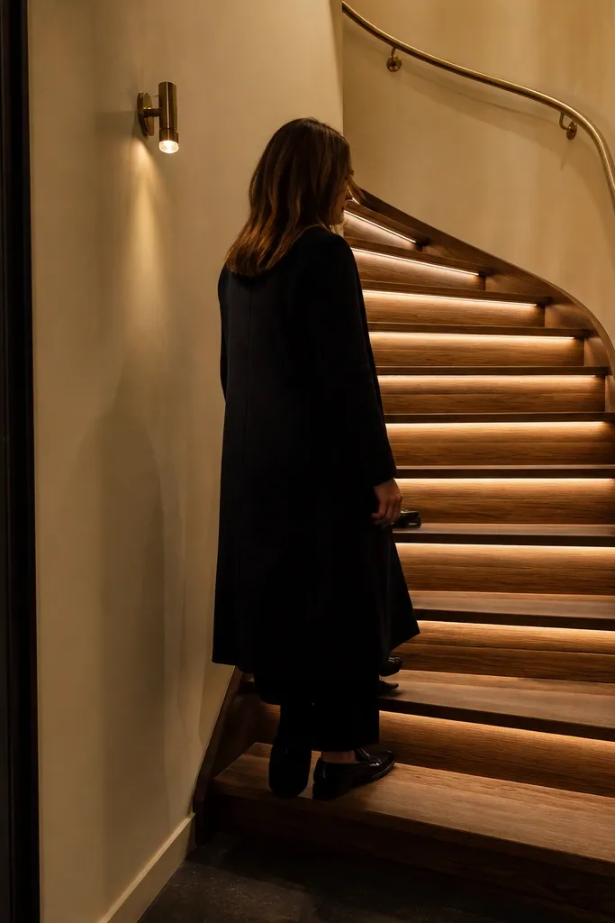 Teak-toned spiral staircase with honey brass handrail and warm wall sconce lighting