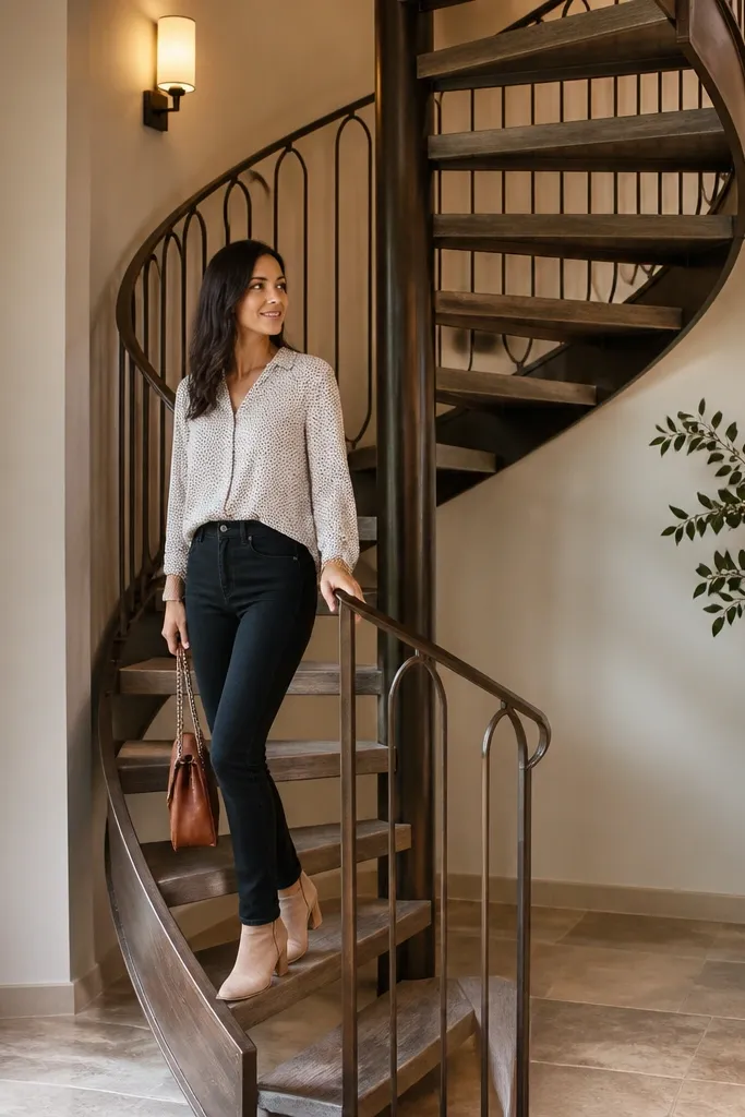 Soft gray stained treads with oil-rubbed bronze rail against cream walls