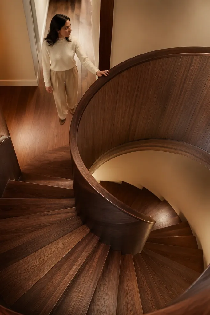 Walnut spiral staircase with matching walnut handrail wrap