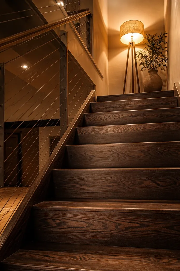 Smoked oak spiral staircase with bronze cable guard lit by a warm floor lamp