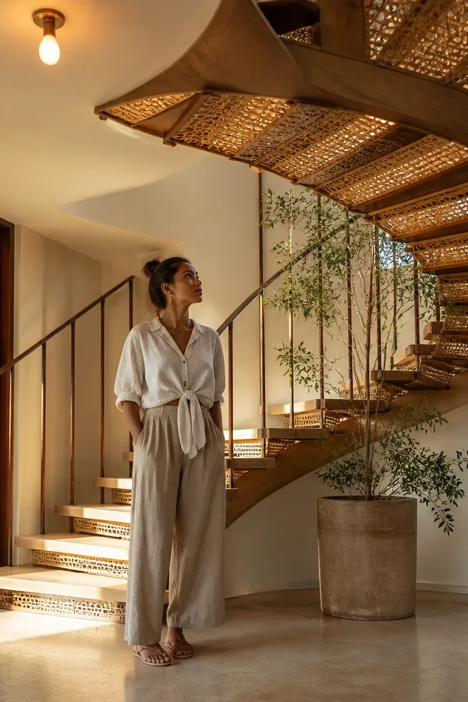 Spiral staircase with woven rattan panels under the treads and warm wood tones