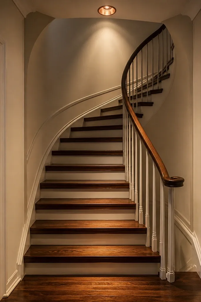 Warm white spiral staircase with walnut treads and a small copper ring light
