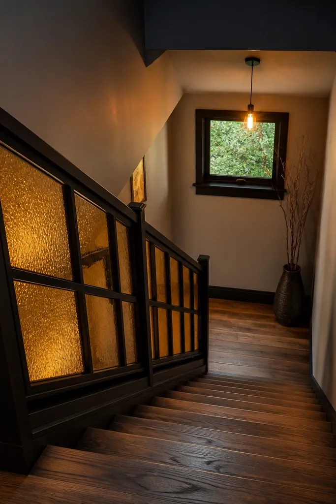 Walnut spiral staircase with smoky black frame and amber glass panels