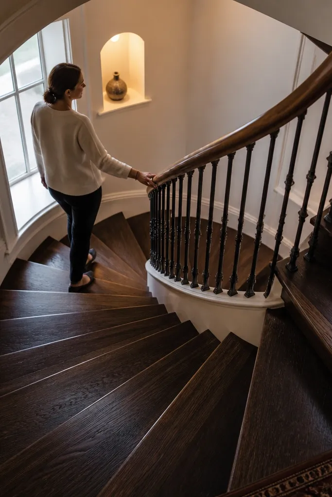 Espresso dark treads with warm walnut handrail and cream trim around spiral staircase