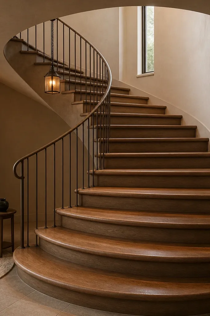 Spiral staircase with round bullnose wooden treads and bronze rail