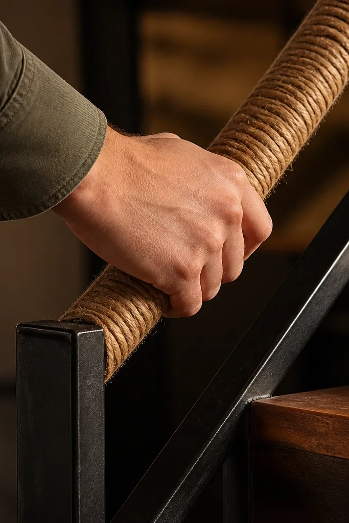 Cinnamon-stained spiral staircase with blackened steel frame and rope-wrapped handrail grip