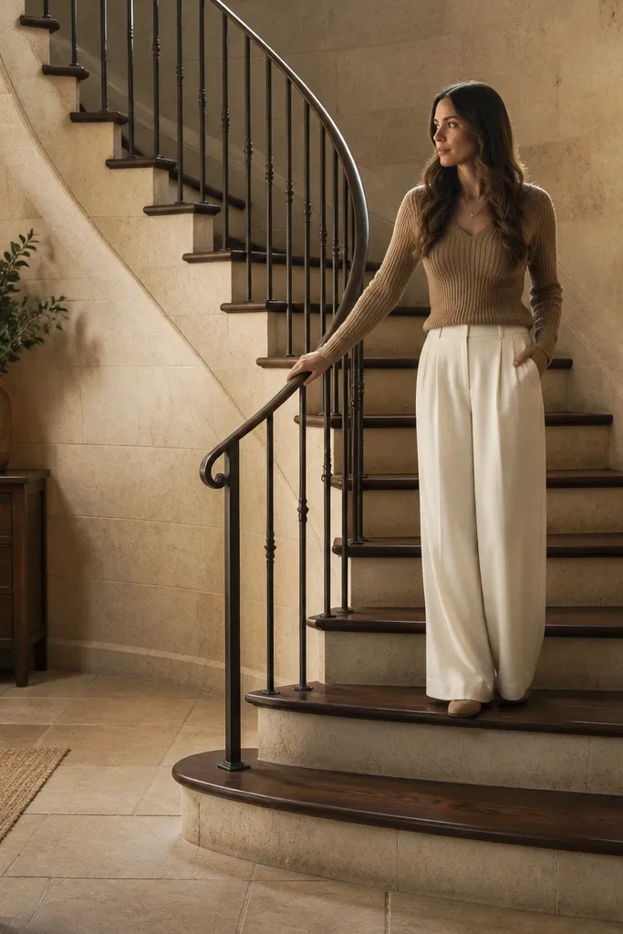 Warm beige stone surround with walnut spiral staircase treads and bronze rail
