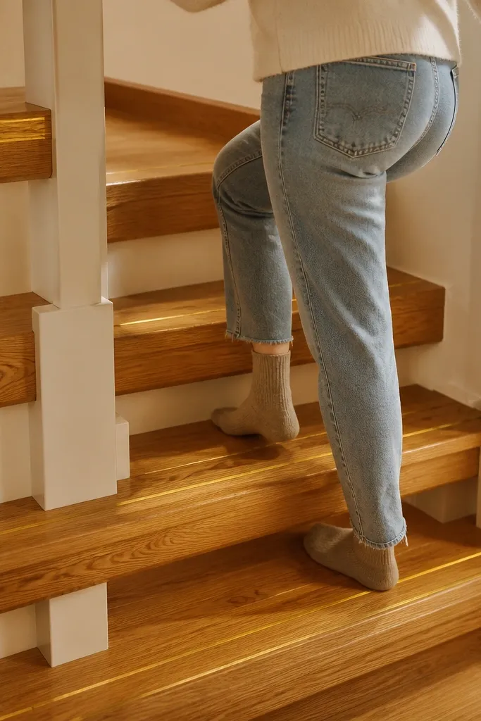 Honey oak spiral staircase with thin brass line inlays and matte white rail supports