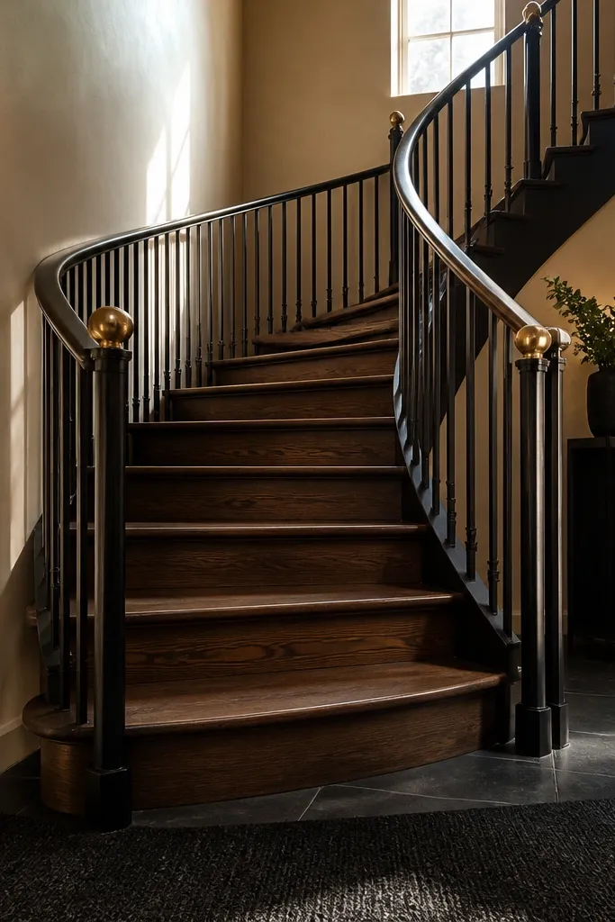 Matte black spiral staircase rail with walnut steps and small brass caps.
