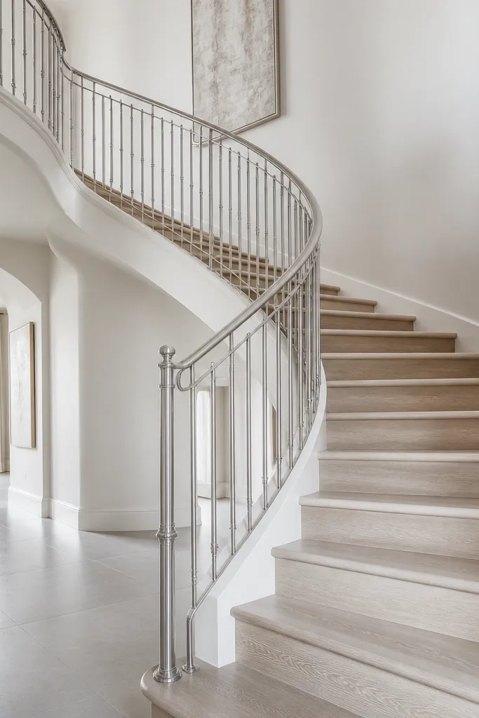 Whitewashed oak spiral staircase steps with clear-coated steel railings.