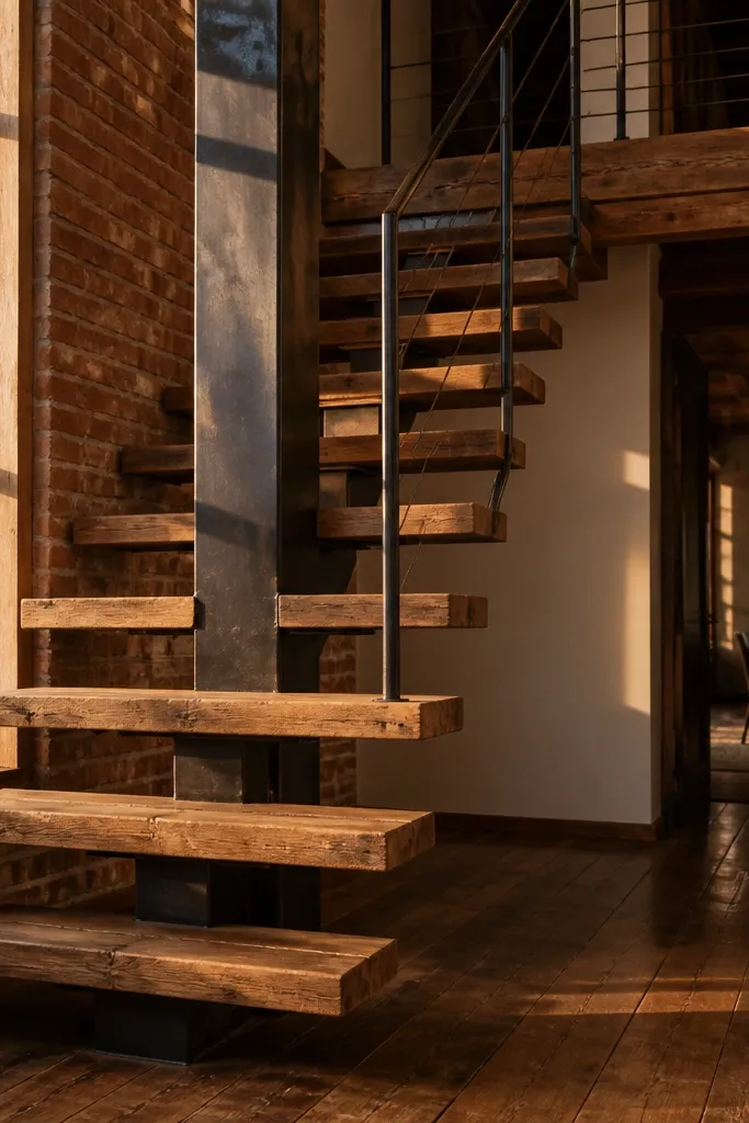 Blackened steel spiral central post with reclaimed barnwood steps.