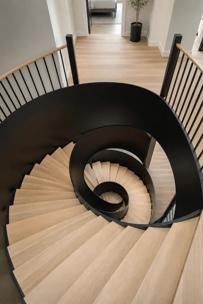 Light beech spiral steps with a dark under-rail and matching accents.