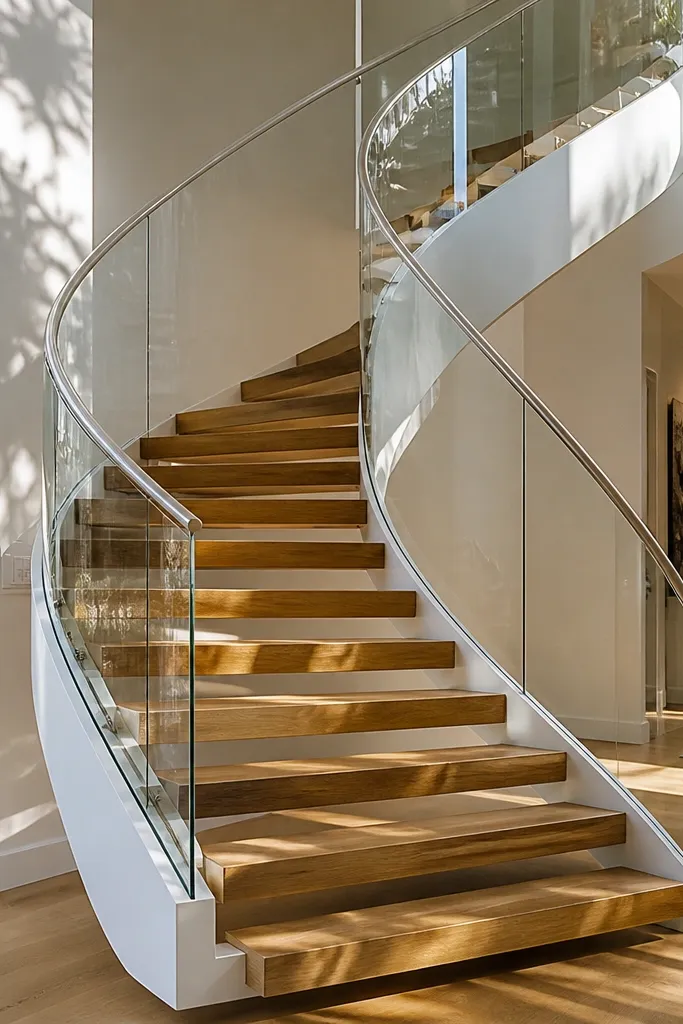 Spiral staircase with glass balusters, clear handrail, and warm wood steps.