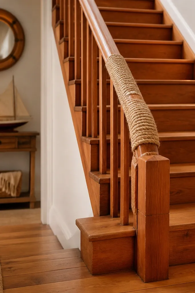 Cedar spiral staircase steps with a rope-wrapped handrail detail.