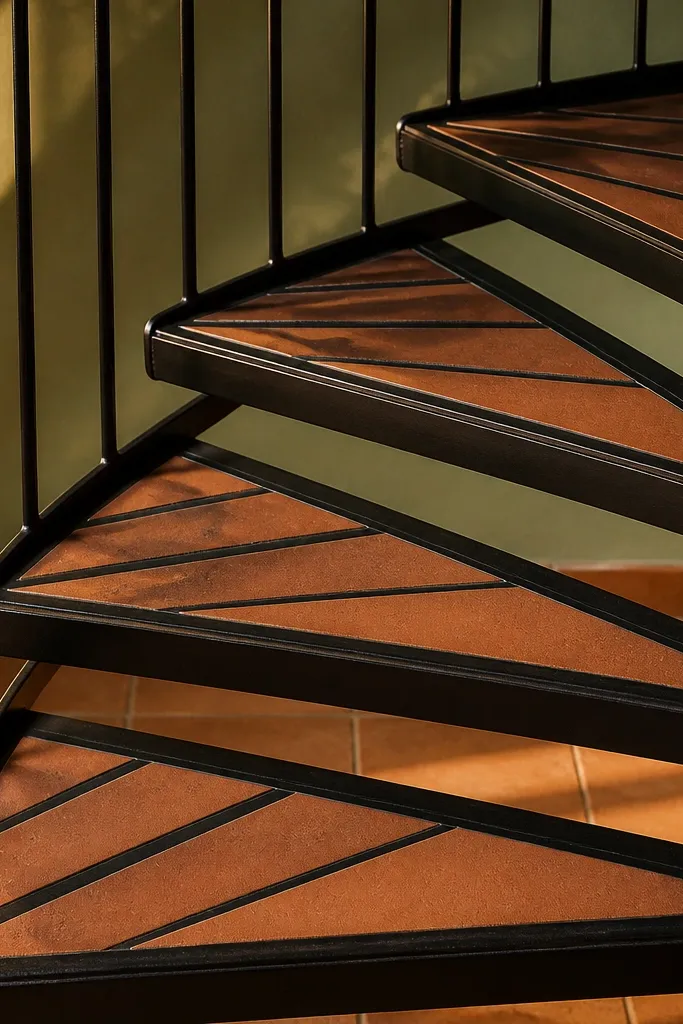 Black steel spiral staircase with terracotta inset tread surfaces.