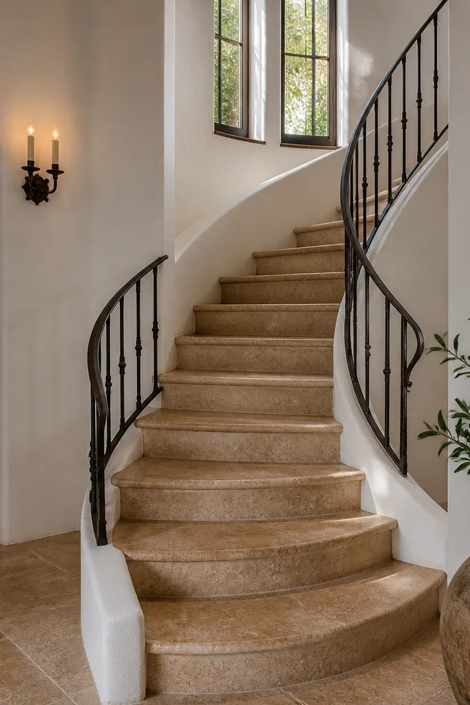 Sandstone-colored stone veneer treads on a spiral staircase.