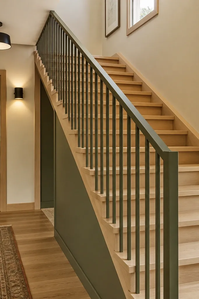 Olive powder-coated spiral staircase rail with natural ash steps.