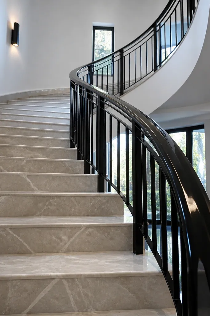 Faux marble patterned treads with polished black rail on a spiral staircase.