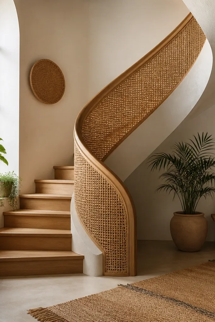 Spiral staircase with a woven textured side panel and minimal railings.