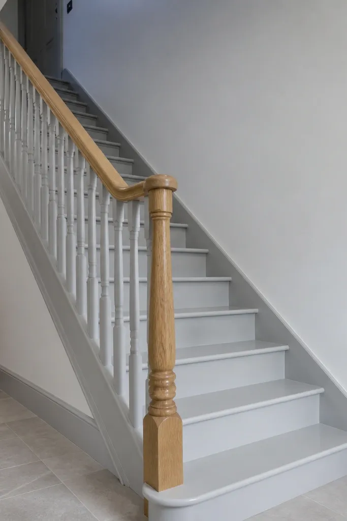 Light grey painted spiral treads with a natural oak handrail.