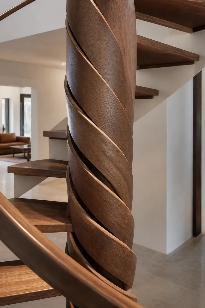 Walnut staves wrapped around the central pole of a spiral staircase.