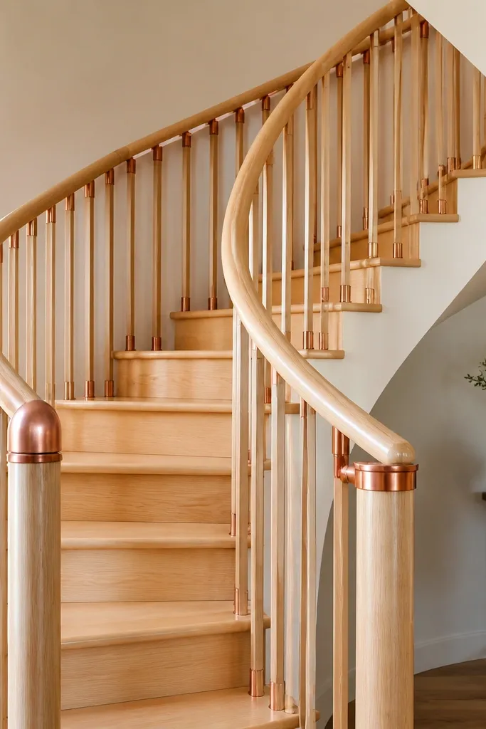 Natural maple steps with copper accent rings on spiral posts.