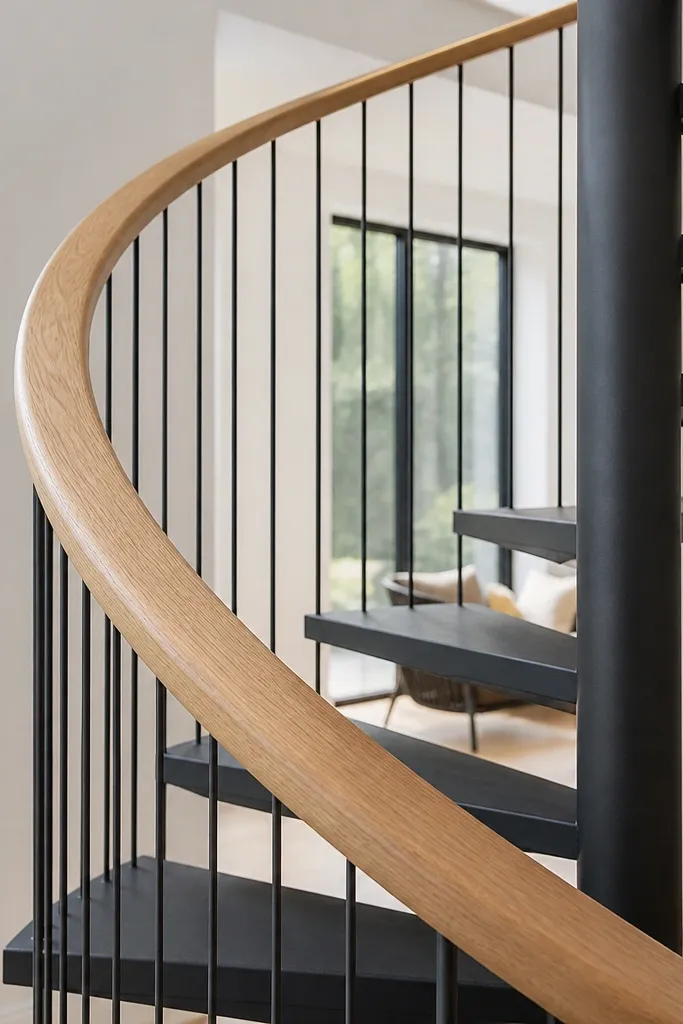 Charcoal spiral staircase treads with white oak handrail and cable railing.