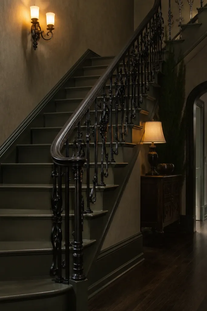 Olive smoky spiral steps with black wrought iron balusters.
