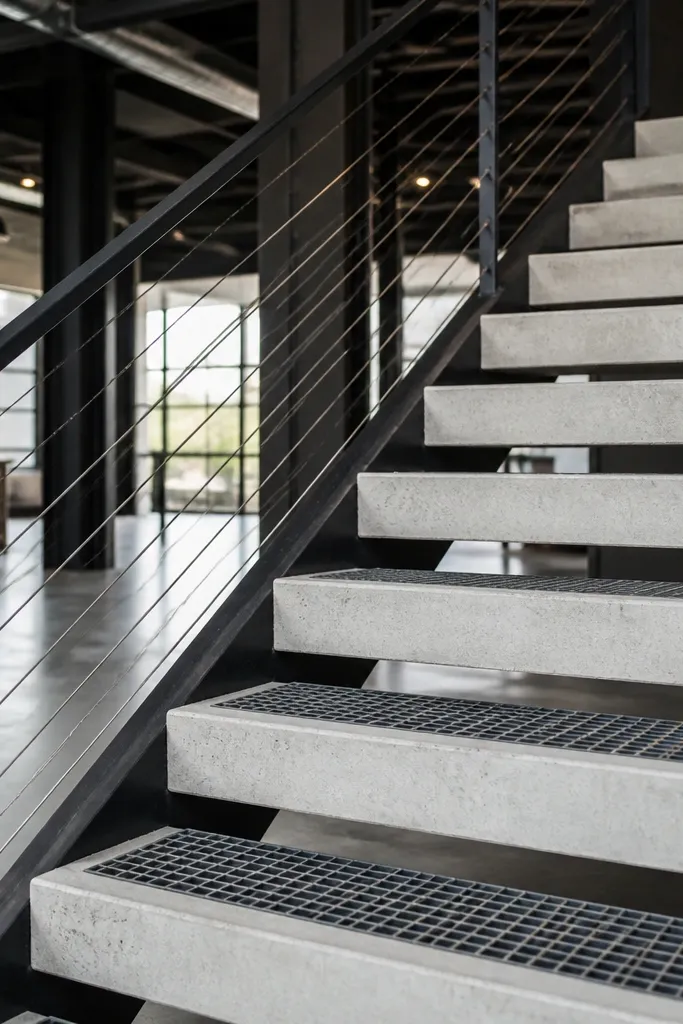 Pale concrete spiral staircase treads with steel grate strip inserts.