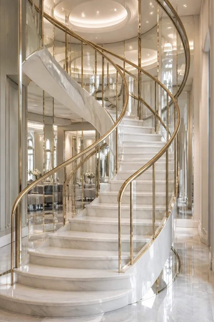 Mirror-like side panels with champagne brushed rail on a spiral staircase.
