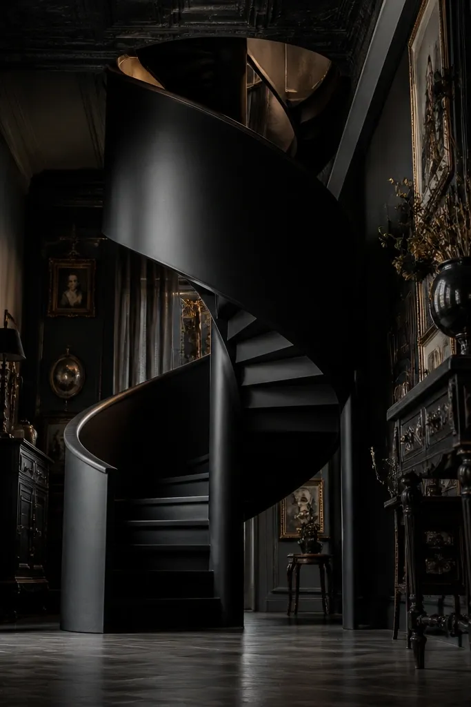 All-black spiral staircase with matching black rails and treads.