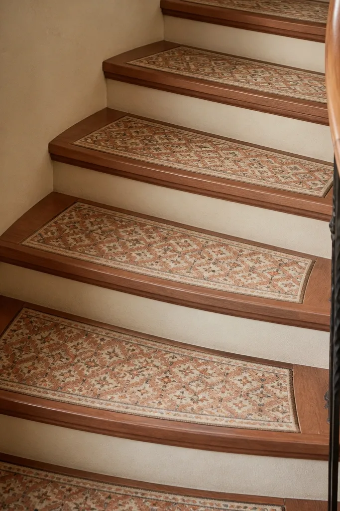 Terracotta and cream patterned runner inserts on spiral staircase treads.