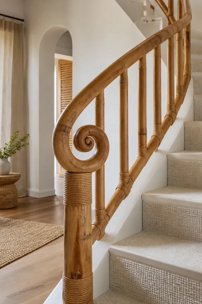 Bamboo handrail spiral staircase with light linen-toned treads.