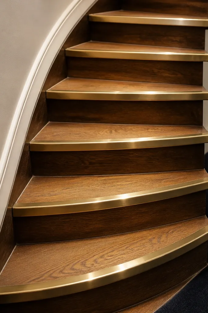 Oak spiral staircase treads with thin brass inlay strips along step edges.