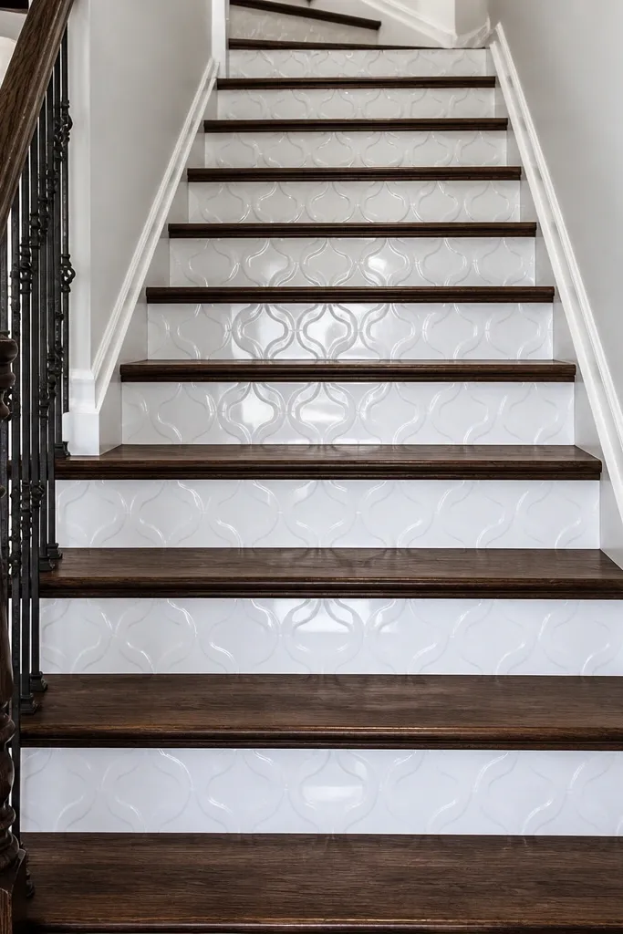 Dark oak spiral treads with white porcelain insert balusters.