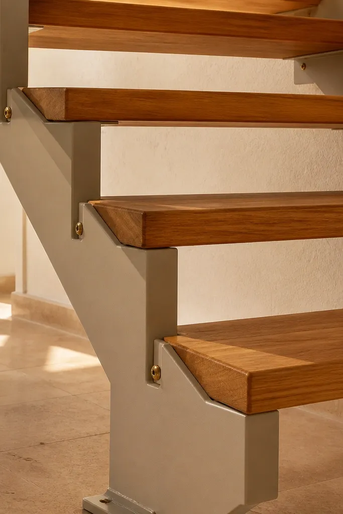 Sand-colored spiral staircase frame with teak treads and brass screws.