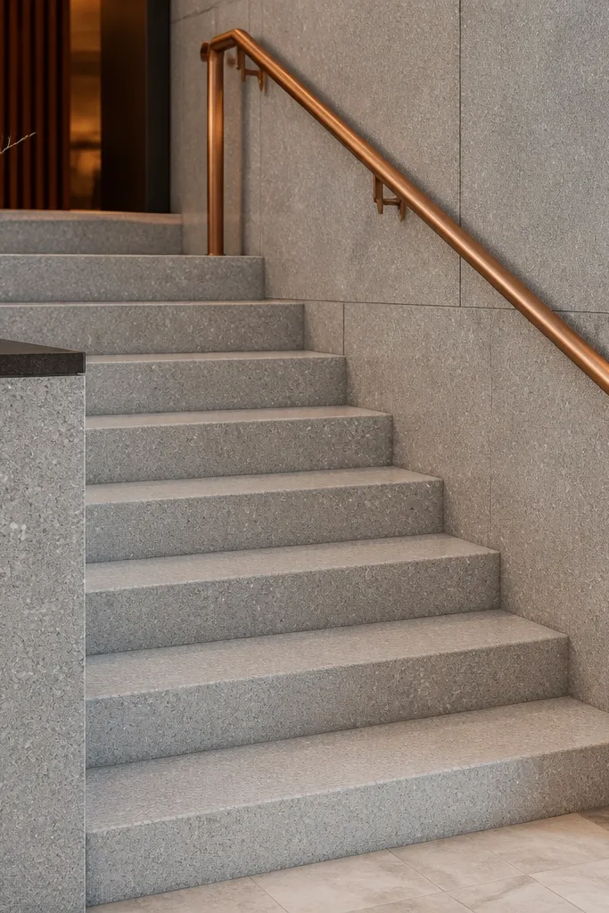 Copper-toned handrail with light grey stone composite spiral steps.