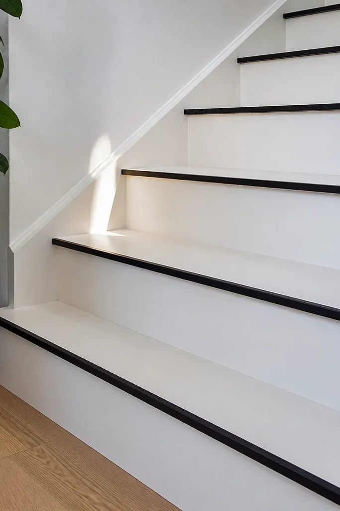 Matte white spiral steps with black steel edge trim.