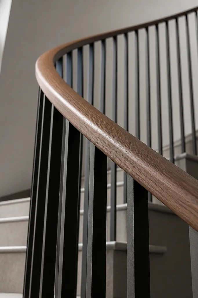 Matte black flat metal balusters with a warm wood rounded handrail