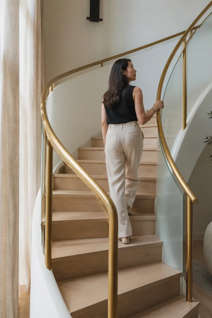 Brushed brass vertical balusters with clear satin glass panels between