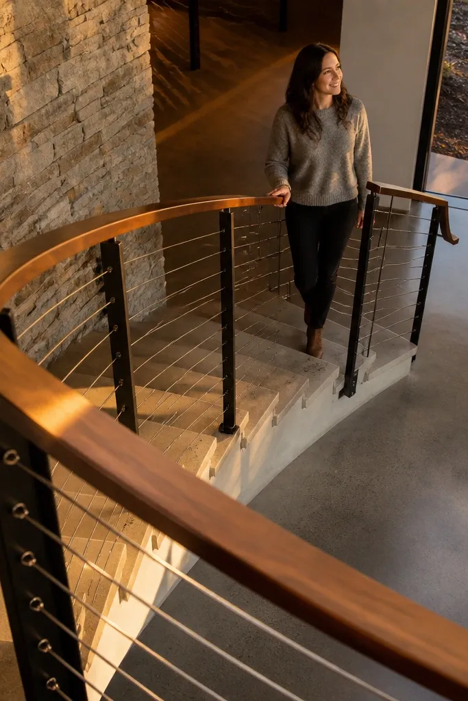 Stainless cable lines with a walnut handrail on a spiral staircase
