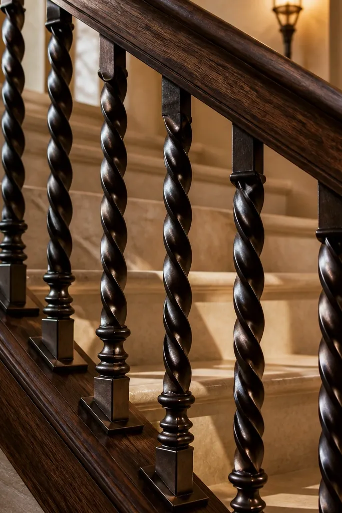 Oil-rubbed bronze twist balusters with a dark stained handrail