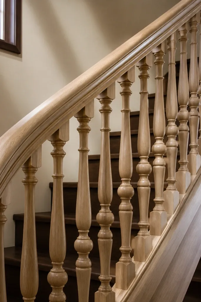 Satin-finished turned wood balusters with a matching wood handrail