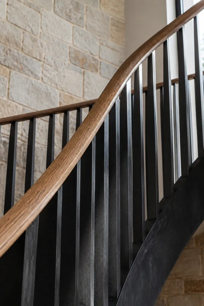 Blackened steel vertical slats with an oak handrail