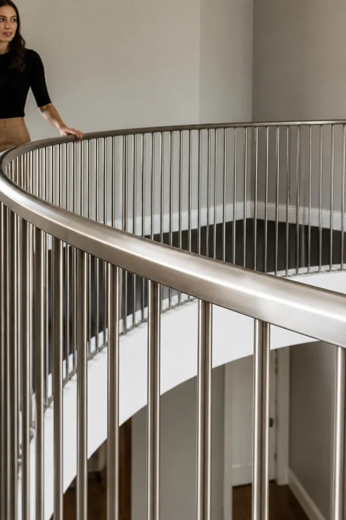 Brushed nickel round balusters with a continuous top rail cap