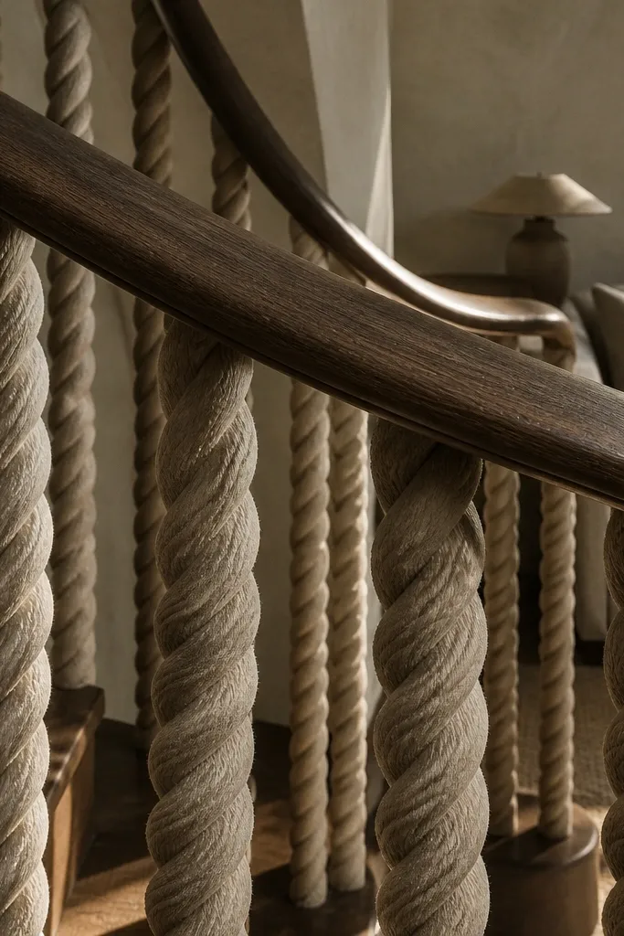 Twisted rope-style balusters with an oiled wood handrail