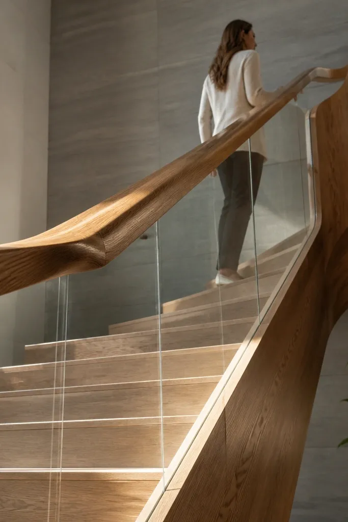 Sculpted wood handrail with glass panels held by hidden clips