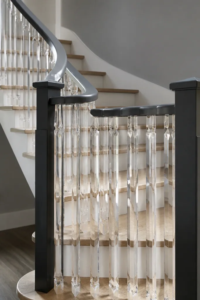 Charcoal posts with clear acrylic spindles and a smooth handrail