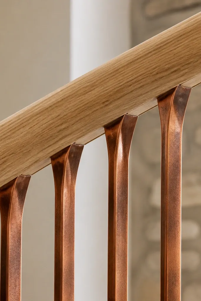 White oak handrail with brushed copper balusters on a spiral staircase