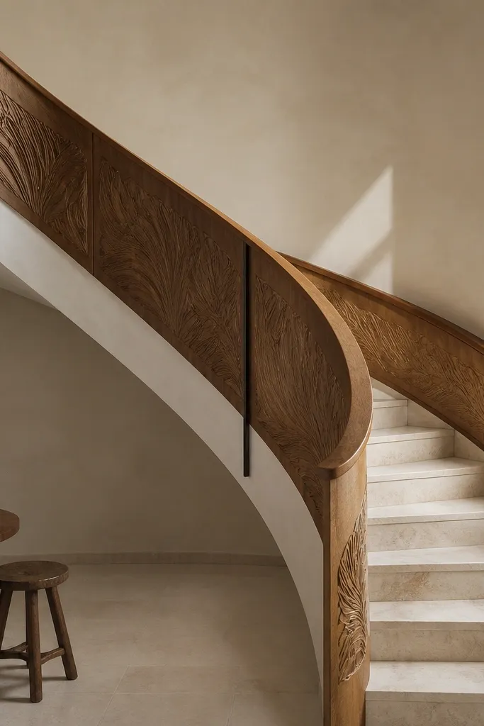Carved wood infill panels between posts with a matching handrail